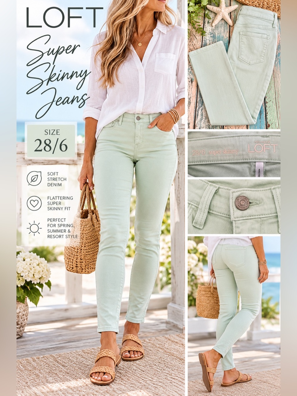 LOFT Super Skinny Jeans Size 28/6 Mint Green Stretch Ankle Denim